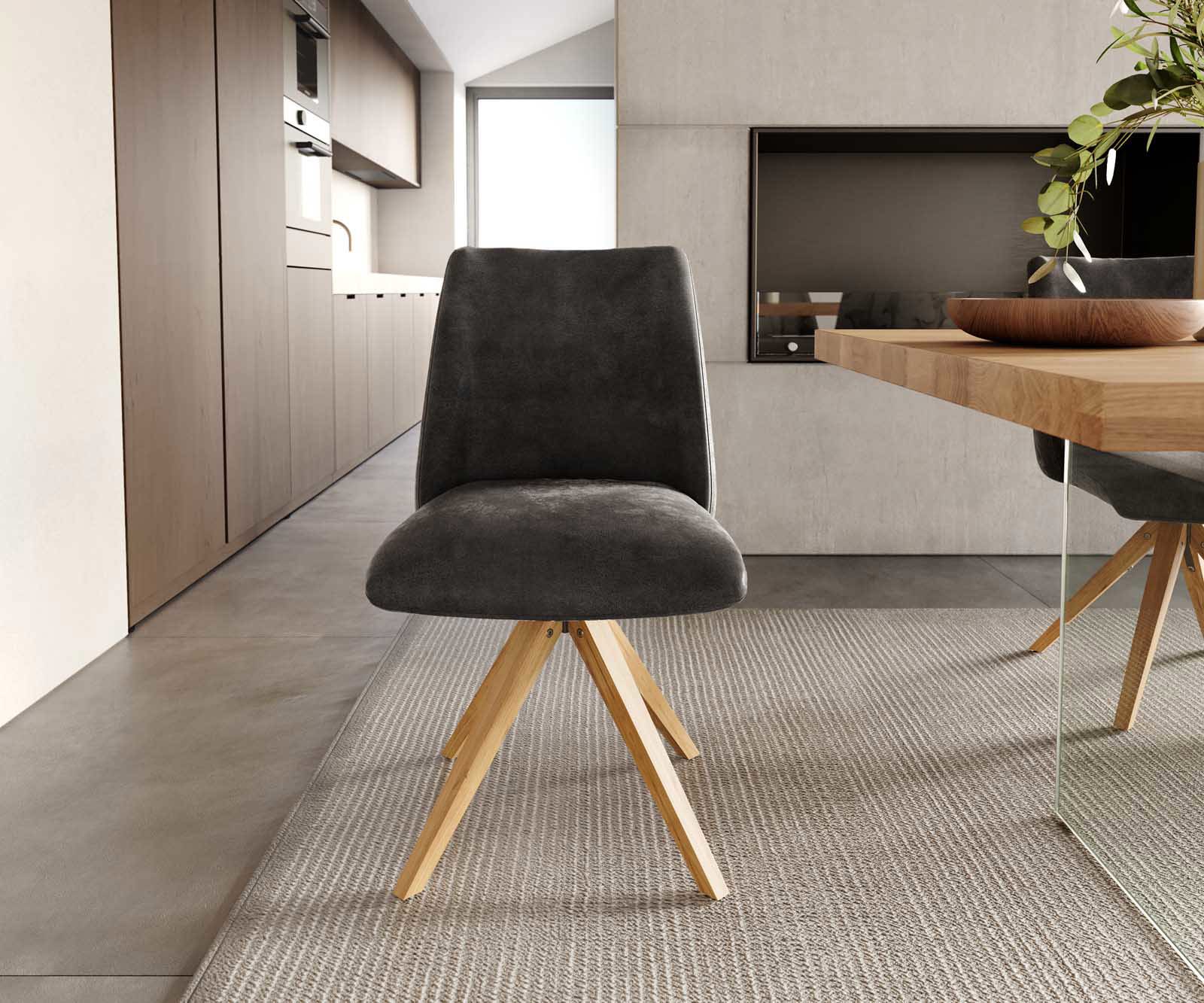 Chaise-pivotante Elso-Flex microvelours anthracite vintage pied en bois angulaire naturel pivotement sur 180° ressorts ensachés 1