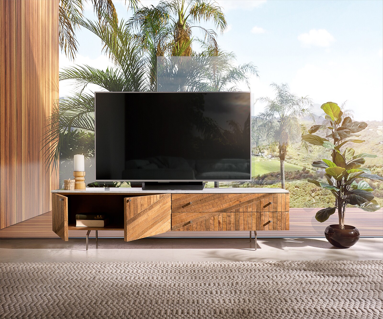 Meuble-TV Bahan 175 cm Mangue Teak 2 portes 2 tiroirs Plateau marbre blanc Pied d'angle en acier inoxydable 4