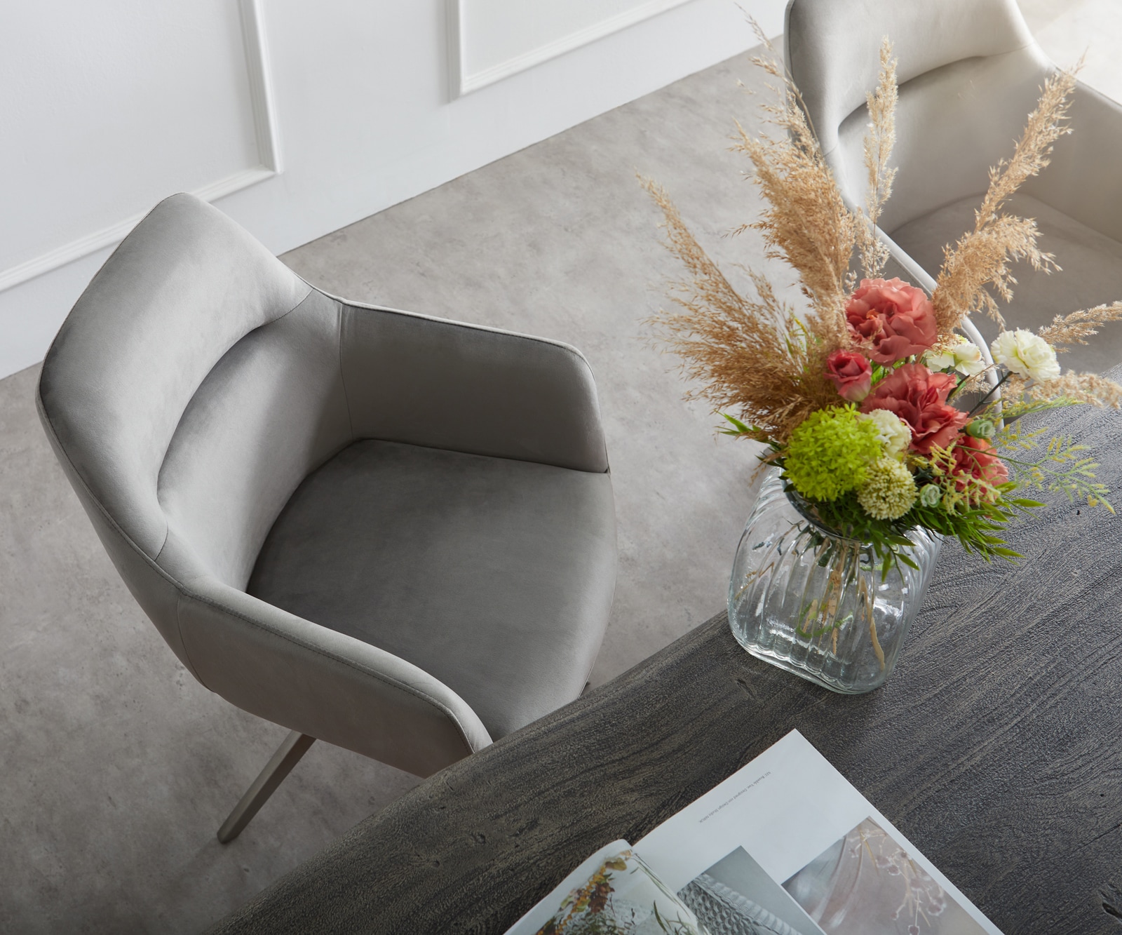 Chaise-de-salle-à-manger Pejo-Flex velours gris pied croisé angulaire acier inoxydable brossé ressorts ensachés 3 Chaise-de-salle-à-manger Pejo-Flex velours gris pied croisé angulaire acier inoxydable brossé ressorts ensachés 3