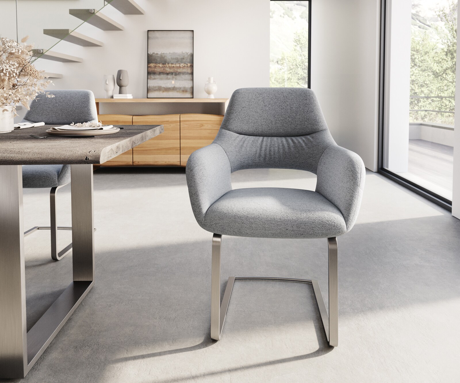 Cantilever Yago-Flex avec accoudoirs tissu texturé gris clair pied cantilever plat acier inoxydable brossé ressorts ensachés 1 Cantilever Yago-Flex avec accoudoirs tissu texturé gris clair pied cantilever plat acier inoxydable brossé ressorts ensachés 1