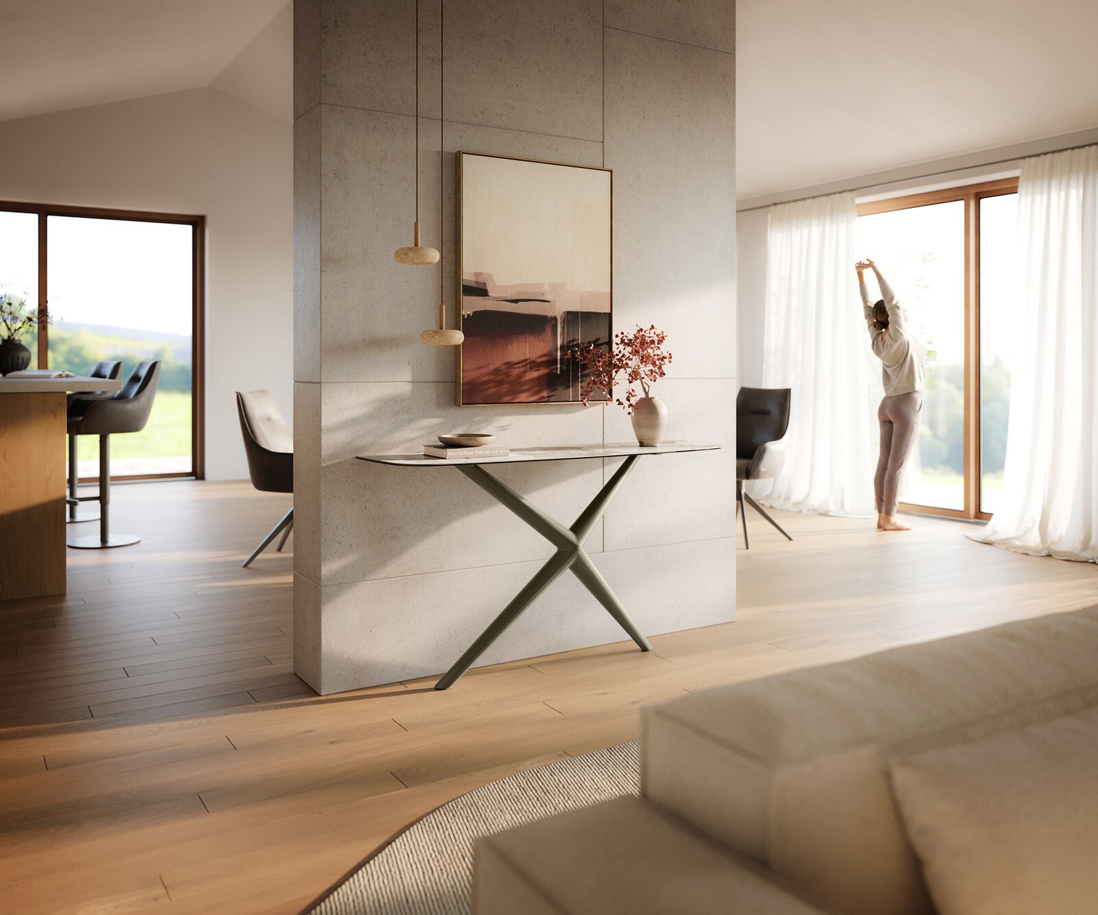 Console Edge forme bateau 140x40 cm Céramique Minas Melange Weiß-Beige Estelo Métal Effektfinish Titan 6
