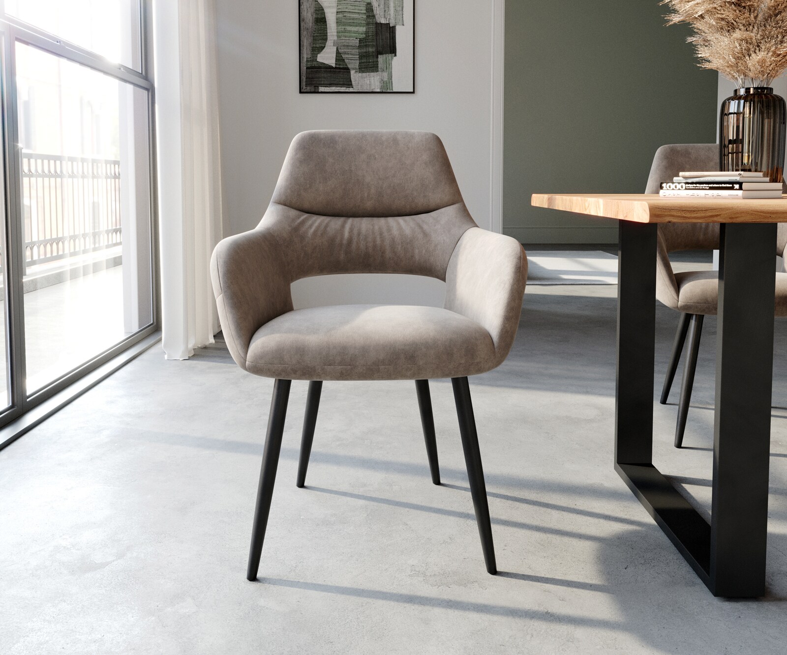 Chaise-de-salle-à-manger Yago-Flex avec accoudoirs microvelours taupe vintage 4 pieds coniques noir ressorts ensachés 2