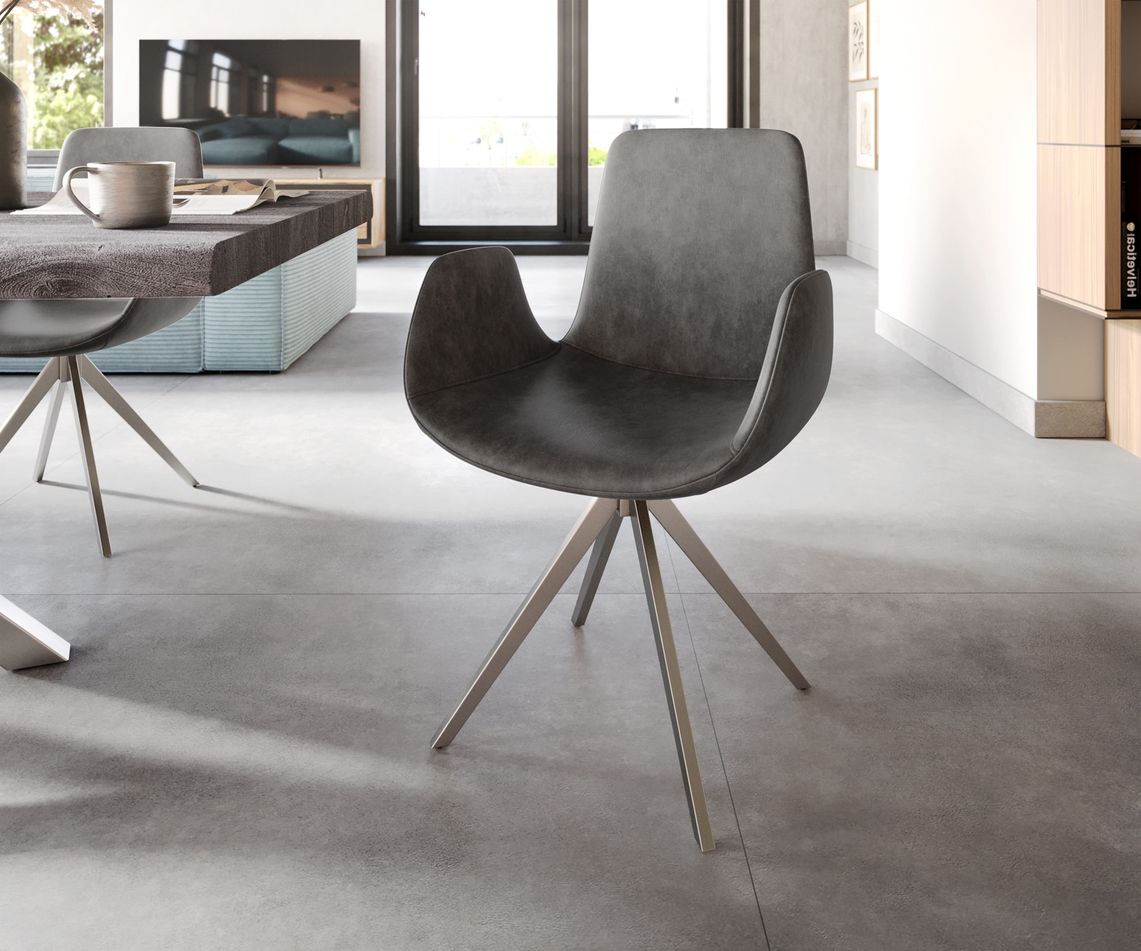 Chaise-de-salle-à-manger Ilia-Flex avec accoudoirs microvelours anthracite vintage pied croisé angulaire acier inoxydable brossé Chaise-de-salle-à-manger Ilia-Flex avec accoudoirs microvelours anthracite vintage pied croisé angulaire acier inoxydable brossé