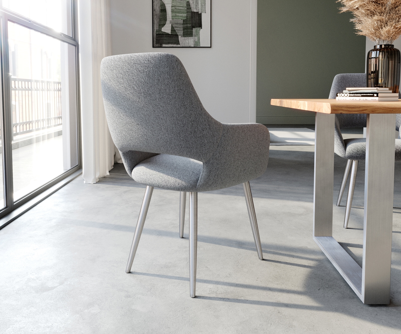 Chaise-de-salle-à-manger Yago-Flex avec accoudoirs tissu texturé gris clair 4 pieds coniques acier inoxydable brossé ressorts ensachés 4 Chaise-de-salle-à-manger Yago-Flex avec accoudoirs tissu texturé gris clair 4 pieds coniques acier inoxydable brossé ressorts ensachés 4