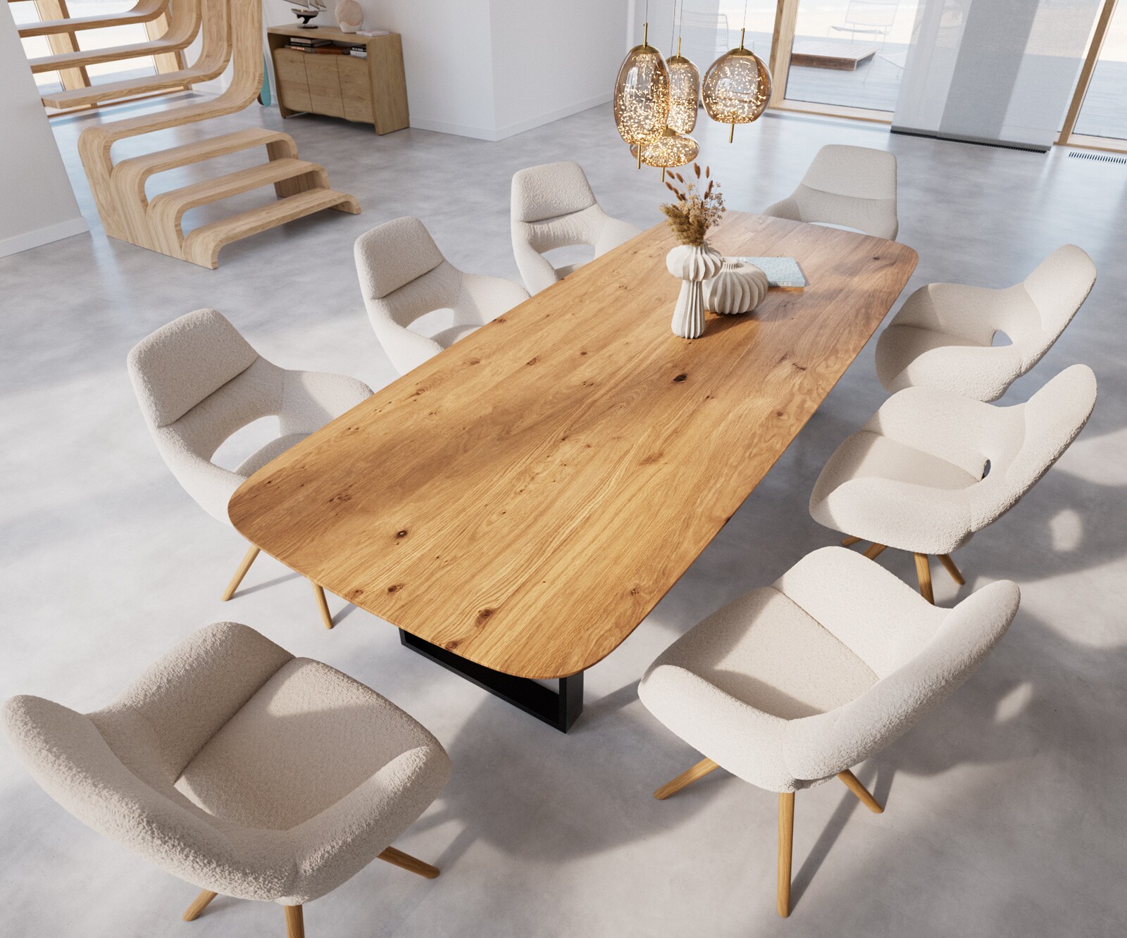 Table à manger Edge Boot 300x120x2,5-3 chêne nature patin noir bord suisse 3