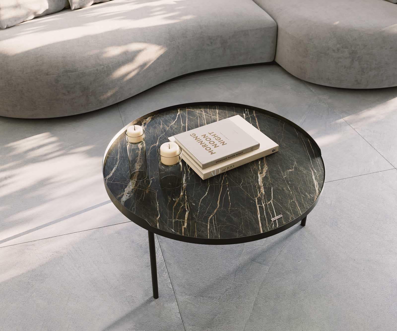 Table-basse Torell 80x80 cm Céramique Laminam®Noir Désir Marron Cadre métallique finition effet titane 5