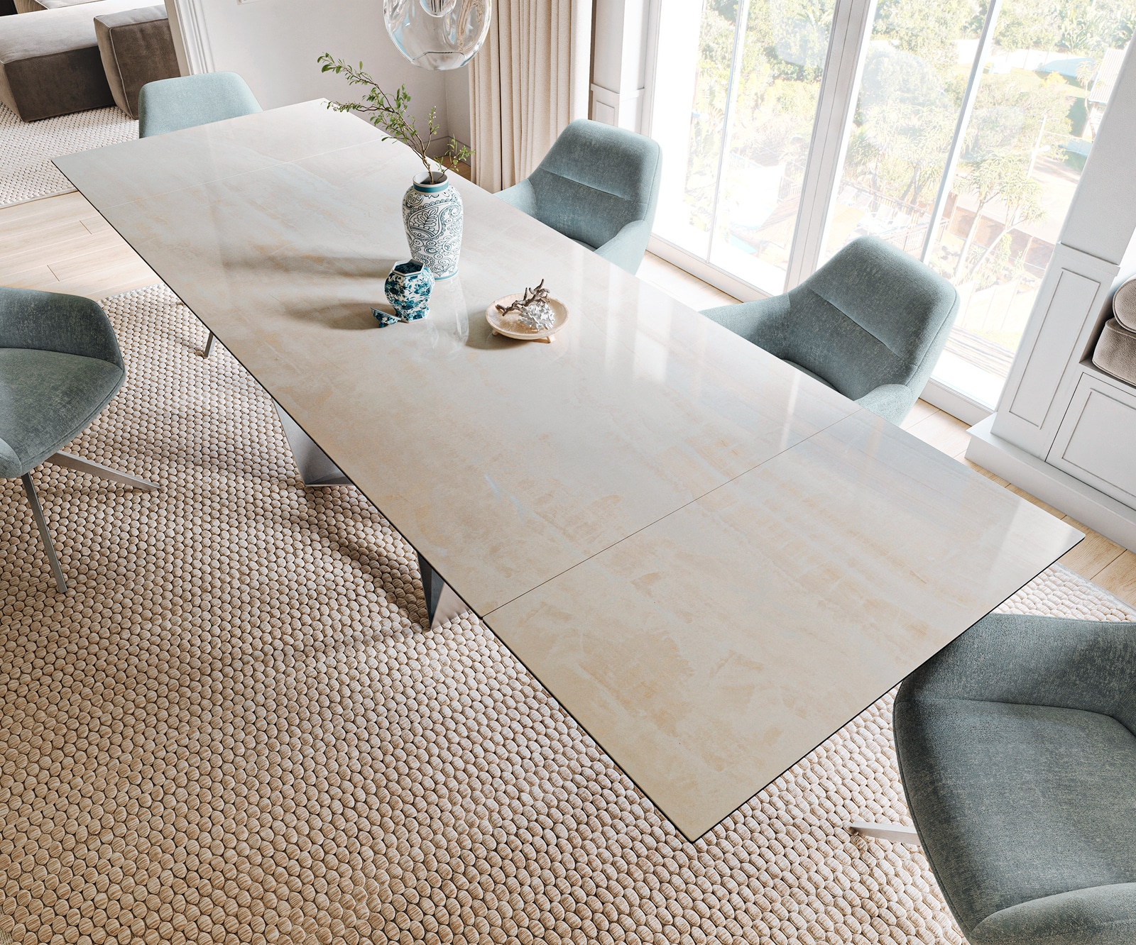 Table à manger extensible Edge 200-300x100 cm céramique Onyx Champagne Spider acier plat inox 4