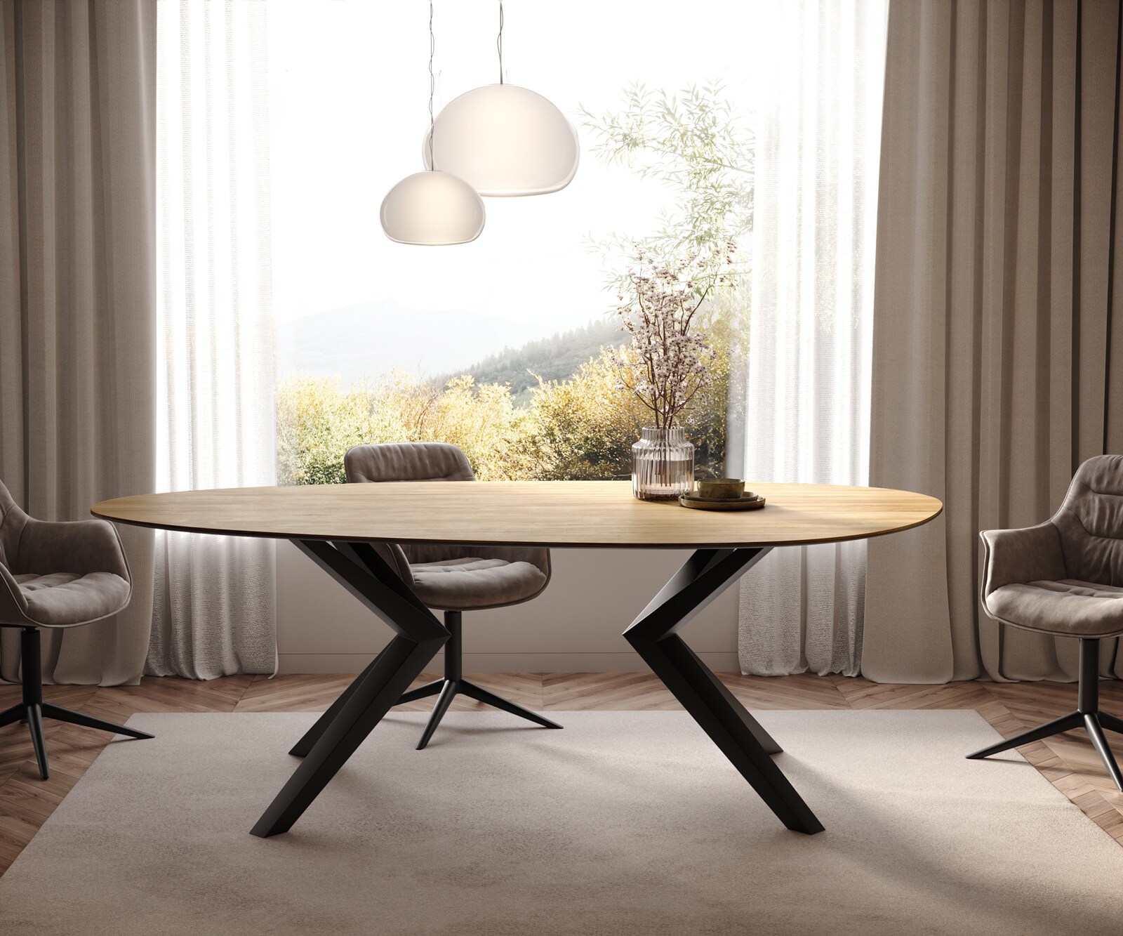 Table à manger Edge Ovale 220x120 Céramique Laminam® Sabbia Couleur chêne Zenthara anguleux Métal Noir 2