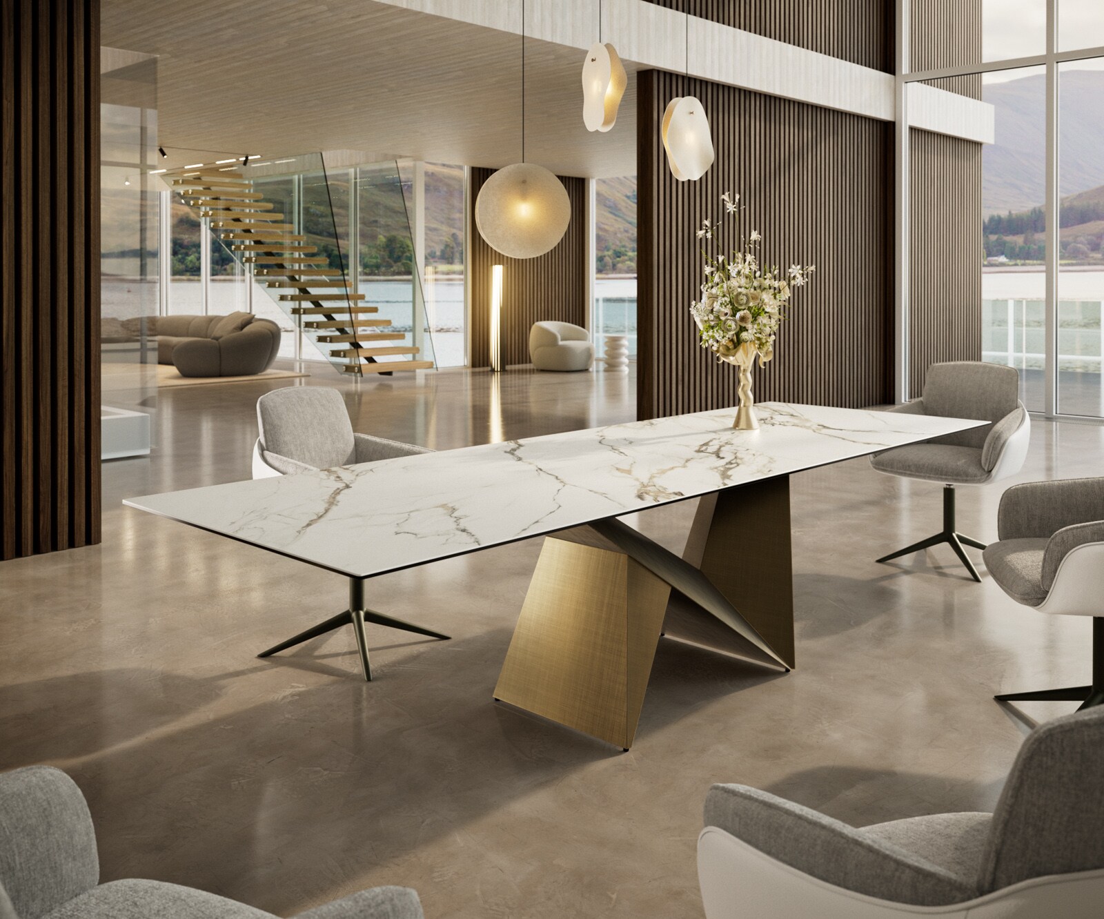 Table à manger Edge 300x100 céramique Calacatta Luxe blanc-doré-gris Origami métallique doré 1