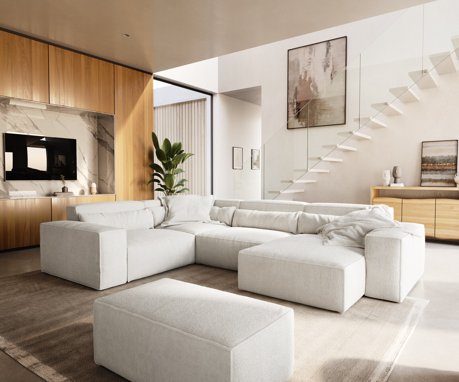 Canapé panoramique Sirpio 300x210 cm Bouclee Crème-blanc Recamiere variable avec Tabouret 6