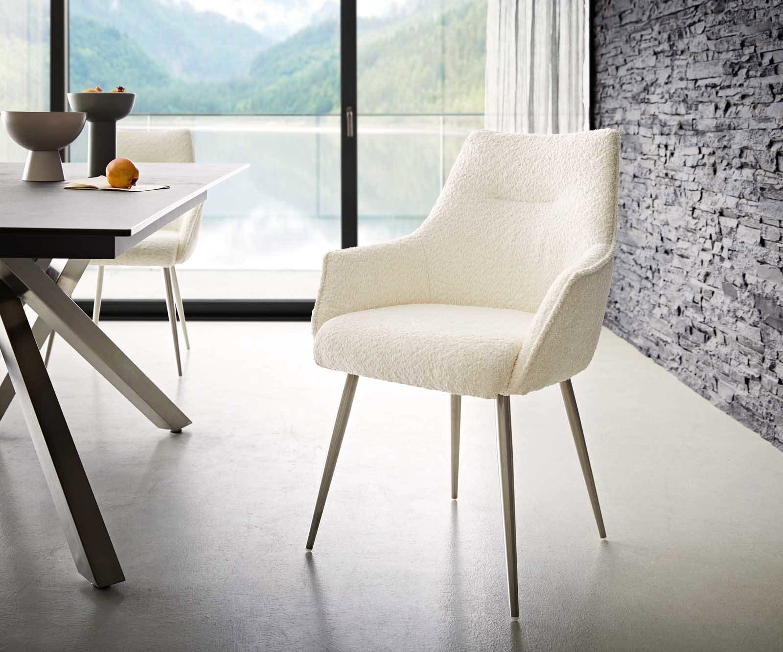 Chaise-de-salle-à-manger Alja-Flex avec accoudoirs bouclé blanc 4 pieds coniques acier inoxydable brossé ressorts ensachés Chaise-de-salle-à-manger Alja-Flex avec accoudoirs bouclé blanc 4 pieds coniques acier inoxydable brossé ressorts ensachés