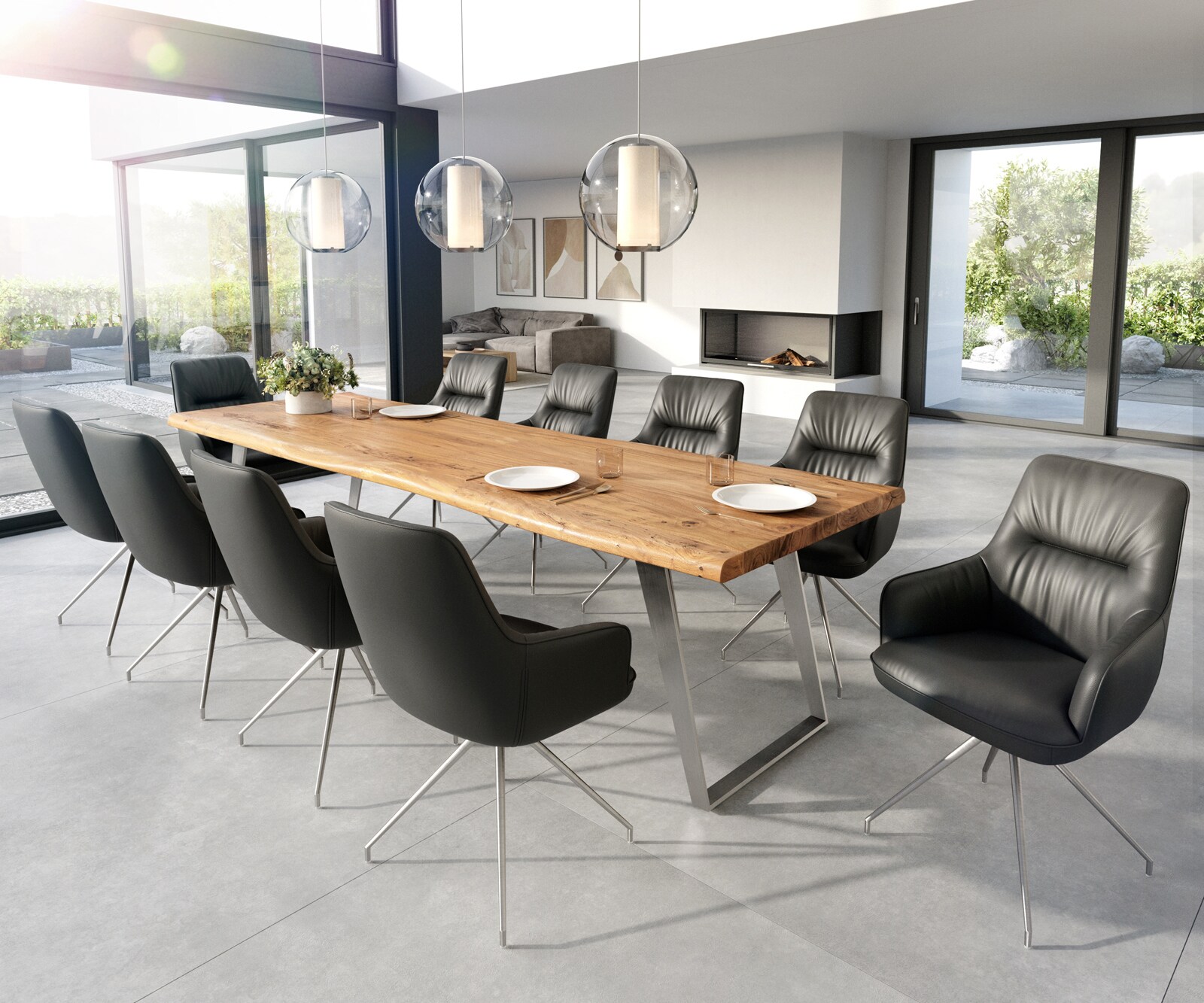 Chaise-de-salle-à-manger Zelia-Flex avec accoudoirs cuir de vache noir pied croisé conique acier inoxydable brossé ressorts ensachés 3 Chaise-de-salle-à-manger Zelia-Flex avec accoudoirs cuir de vache noir pied croisé conique acier inoxydable brossé ressorts ensachés 3