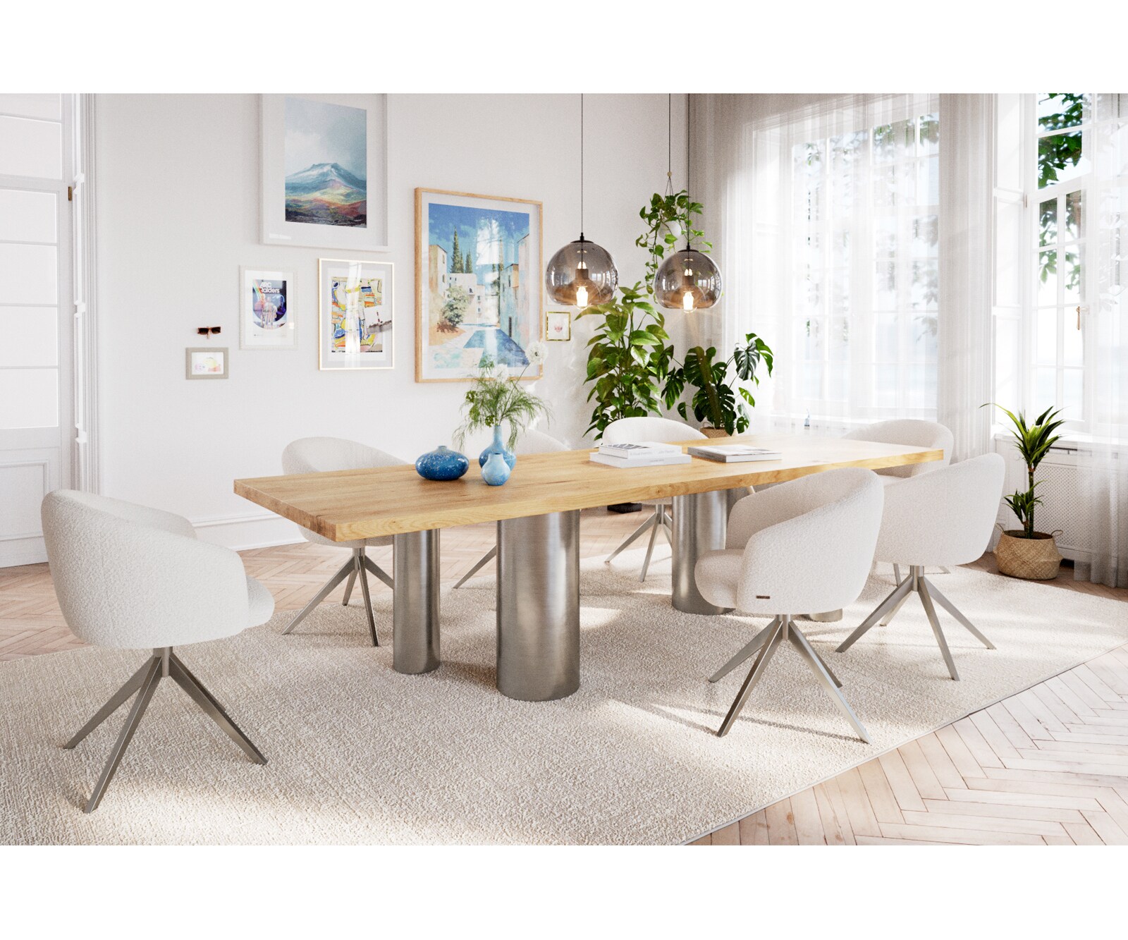 Table à manger Edge 300x100 Chêne Nature Pilier Acier inoxydable brossé 6