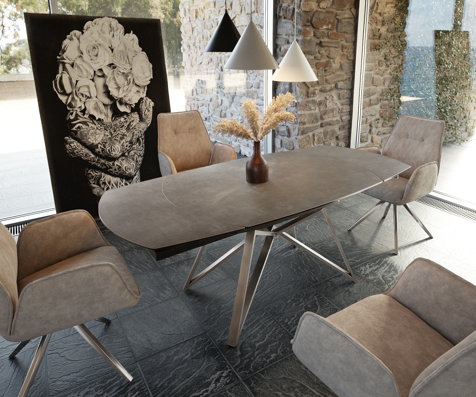 Table-manger Carlow 130/200x95 cm céramique marron acier inoxydable extensible Table-manger Carlow 130/200x95 cm céramique marron acier inoxydable extensible
