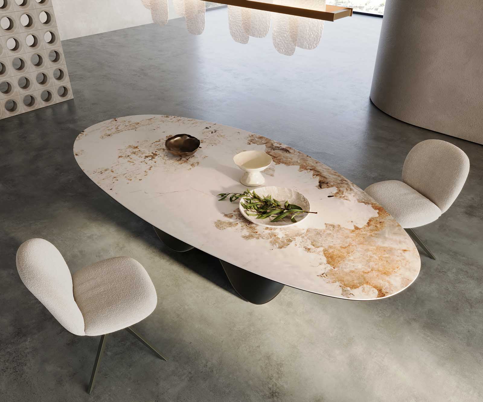 Table à manger Edge Oval 280x130 Céramique Minas Mélange Blanc-Beige Infinity Métal Effet Titane 1