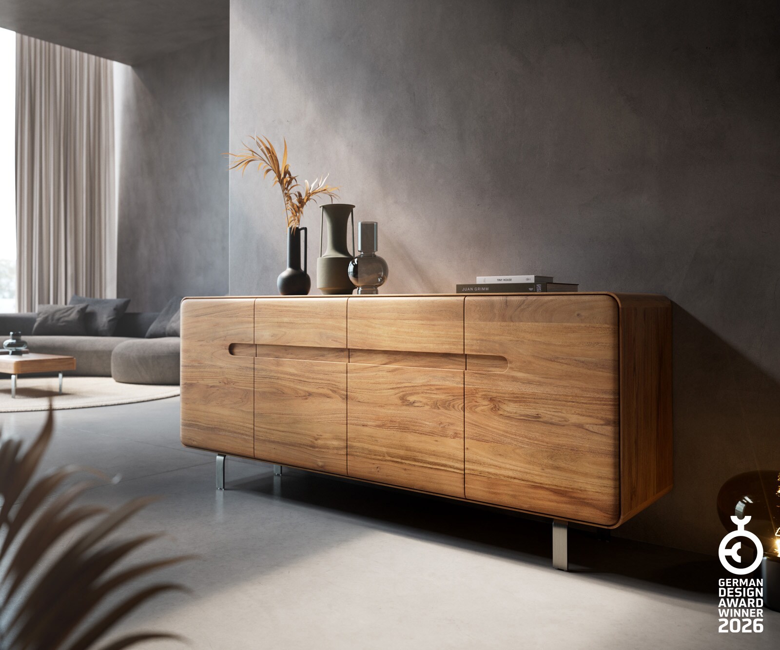 Buffet Anaya 175 cm acacia naturel 4 portes pied en L inoxydable
