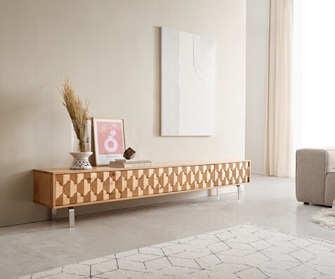 Meuble-TV Fevo 220 cm chêne naturel 4 portes pied en L inoxydable