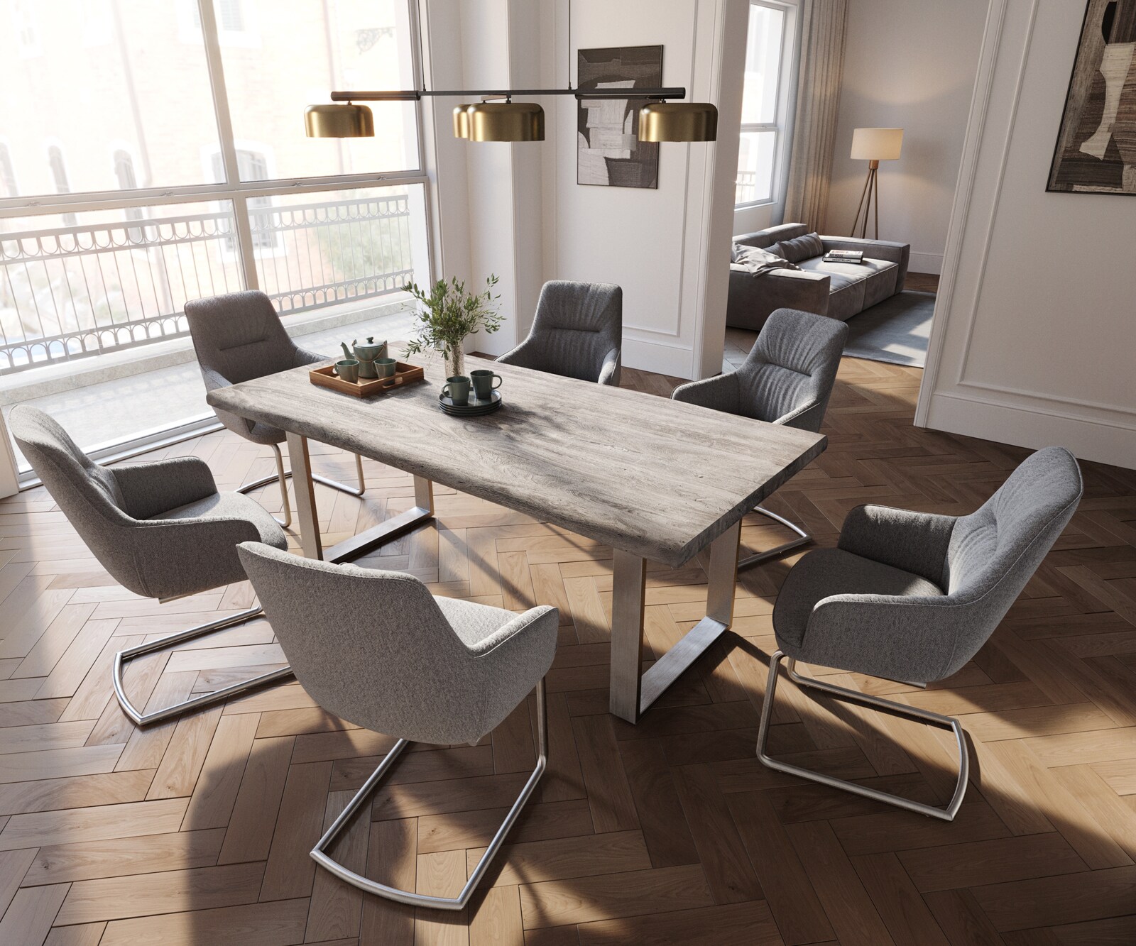 Cantilever Zelia-Flex avec accoudoirs tissu texturé gris clair pied cantilever rond acier inoxydable brossé ressorts ensachés 3 Cantilever Zelia-Flex avec accoudoirs tissu texturé gris clair pied cantilever rond acier inoxydable brossé ressorts ensachés 3
