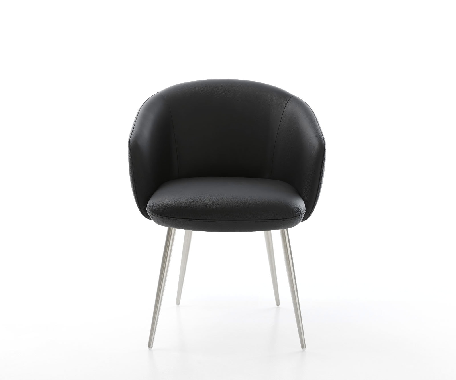 Chaise-de-salle-à-manger Caja-Flex avec accoudoirs cuir de vache noir 4 pieds coniques acier inoxydable brossé ressorts ensachés 2