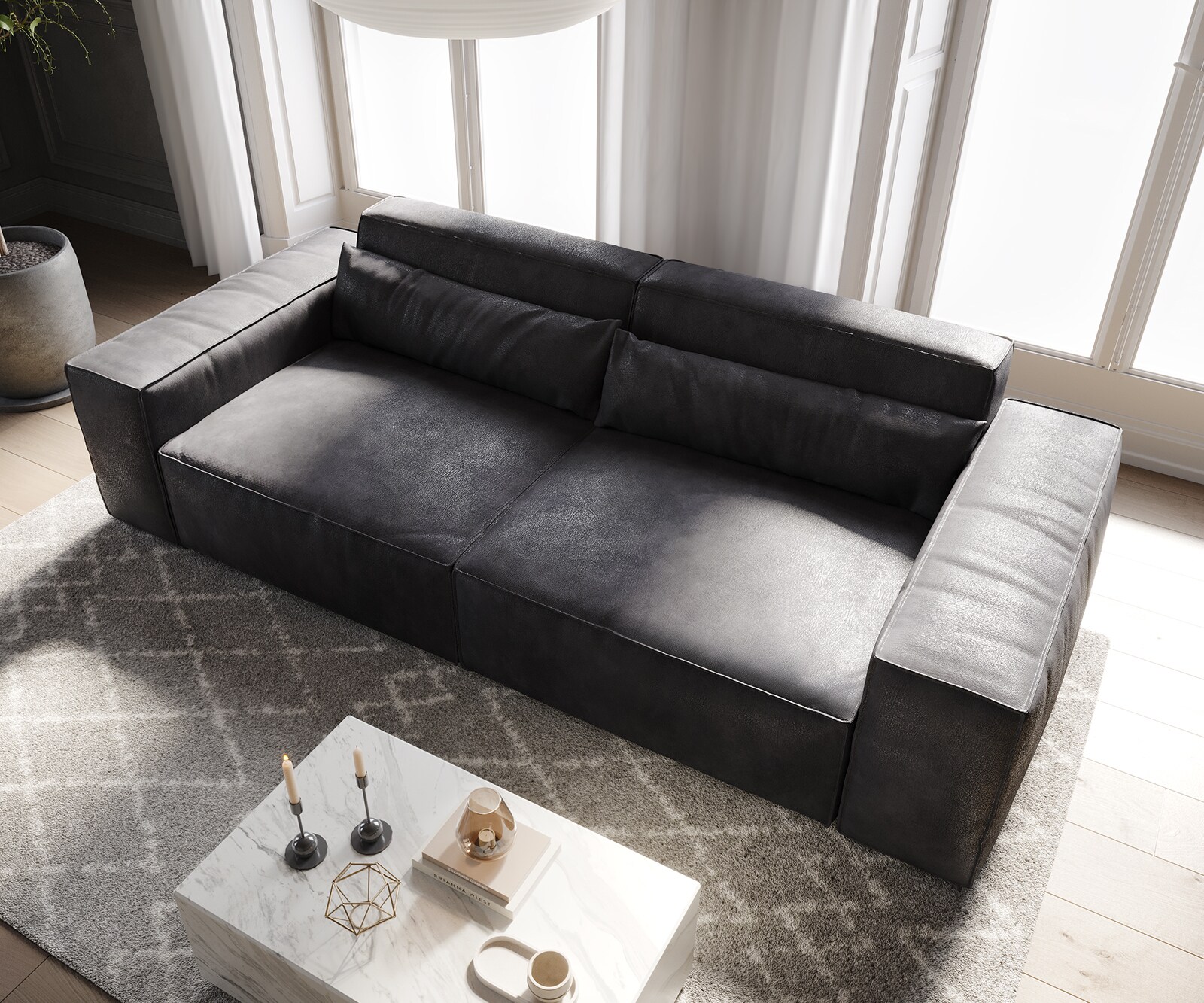 Grand Canapé Sirpio 230x90 cm Cuir synthétique Vintage Anthracite 3