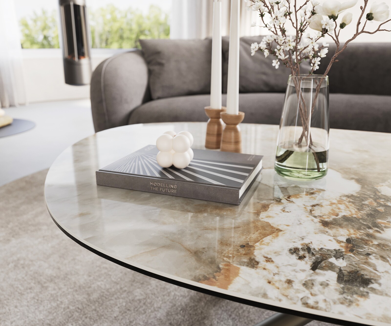 Table basse Edge Oval 140x75 cm céramique Minas Melange Sarity Metall finition effet titane 6