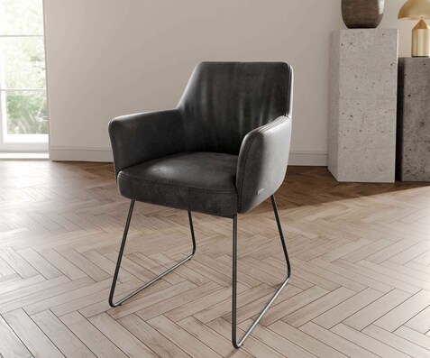 Chaise-de-salle-à-manger Xana-Flex avec accoudoirs microvelours anthracite vintage pied trapèze noir ressorts ensachés