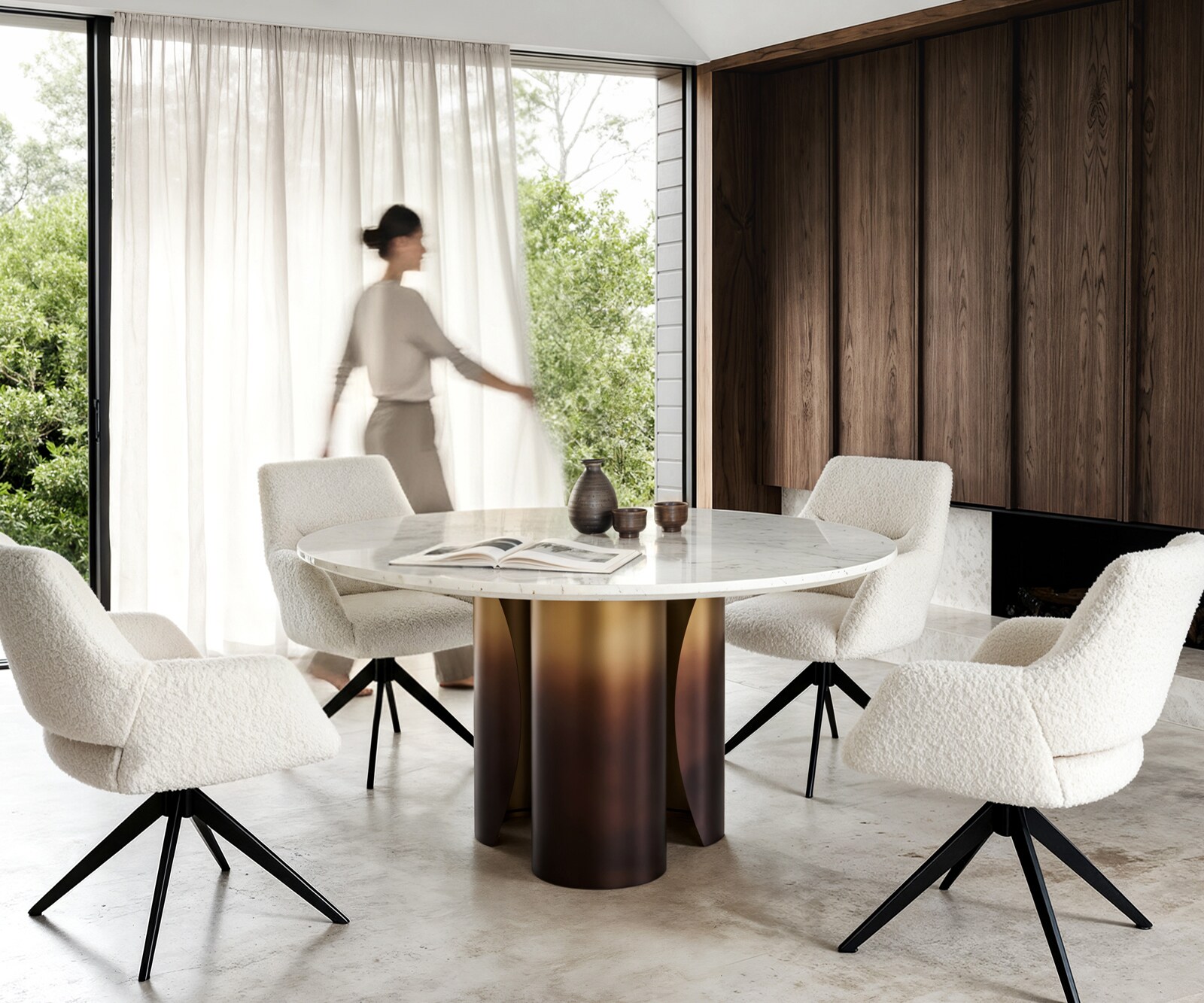 Table-à-manger Adenza ronde 140 x 140 cm Marbre blanc Métal doré Finition fusion