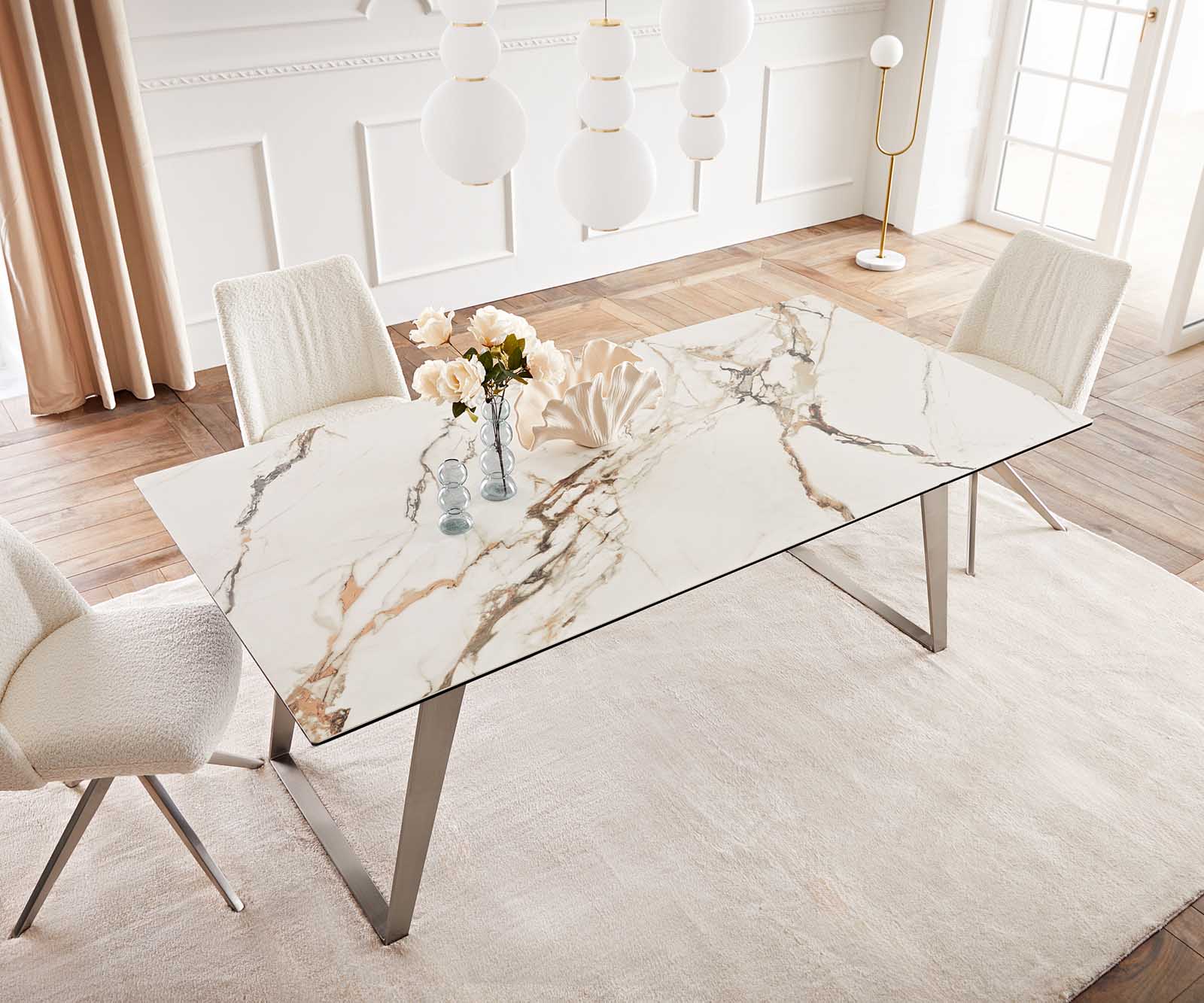 Table à manger Edge 200x100 céramique Calacatta Luxe blanc-doré-gris acier inoxydable incliné 5