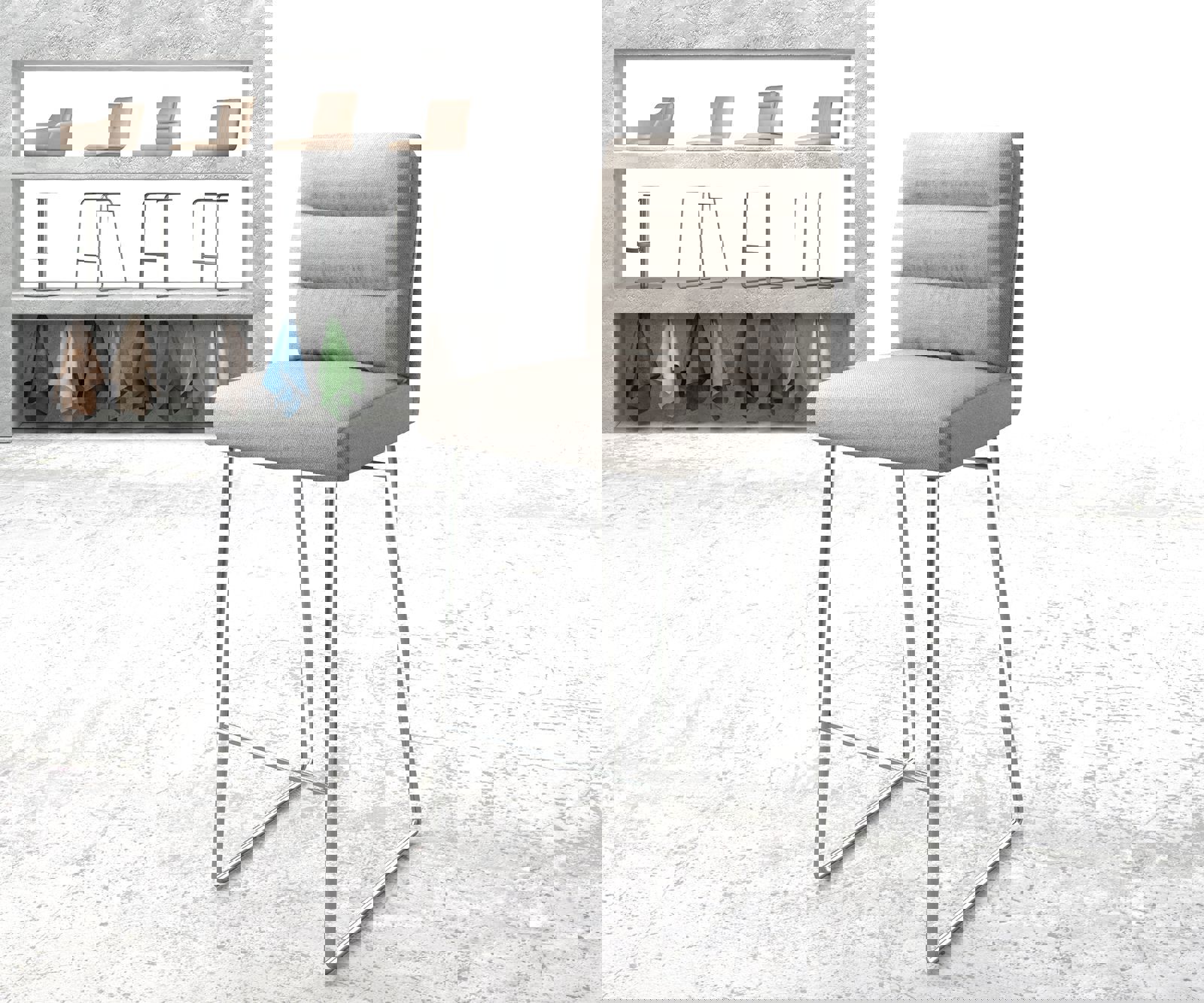 Chaise-de-bar Pela-Flex rayures gris clair cadre de patins acier inoxydable Chaise-de-bar Pela-Flex rayures gris clair cadre de patins acier inoxydable