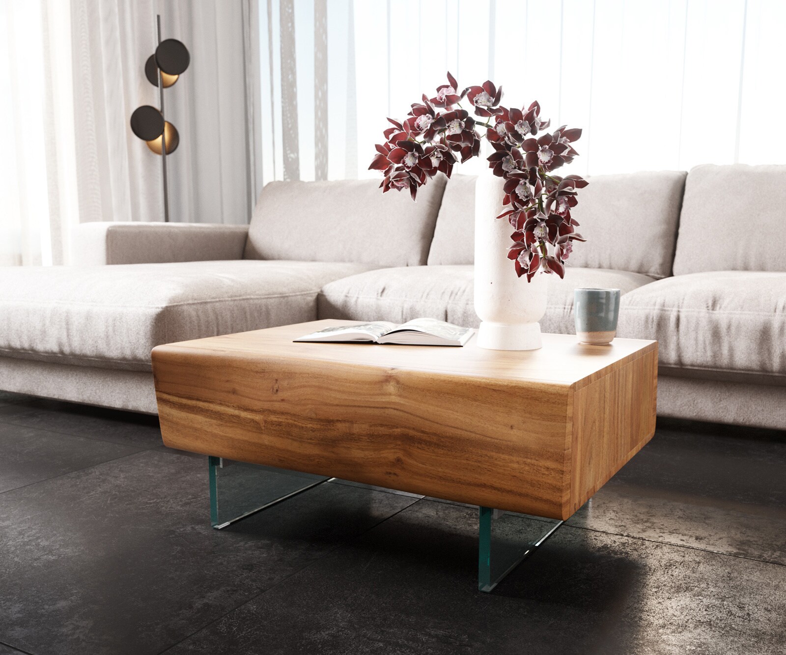 Table basse New Live-Edge 80x60 cm acacia naturel 2 tiroirs pieds en verre  3