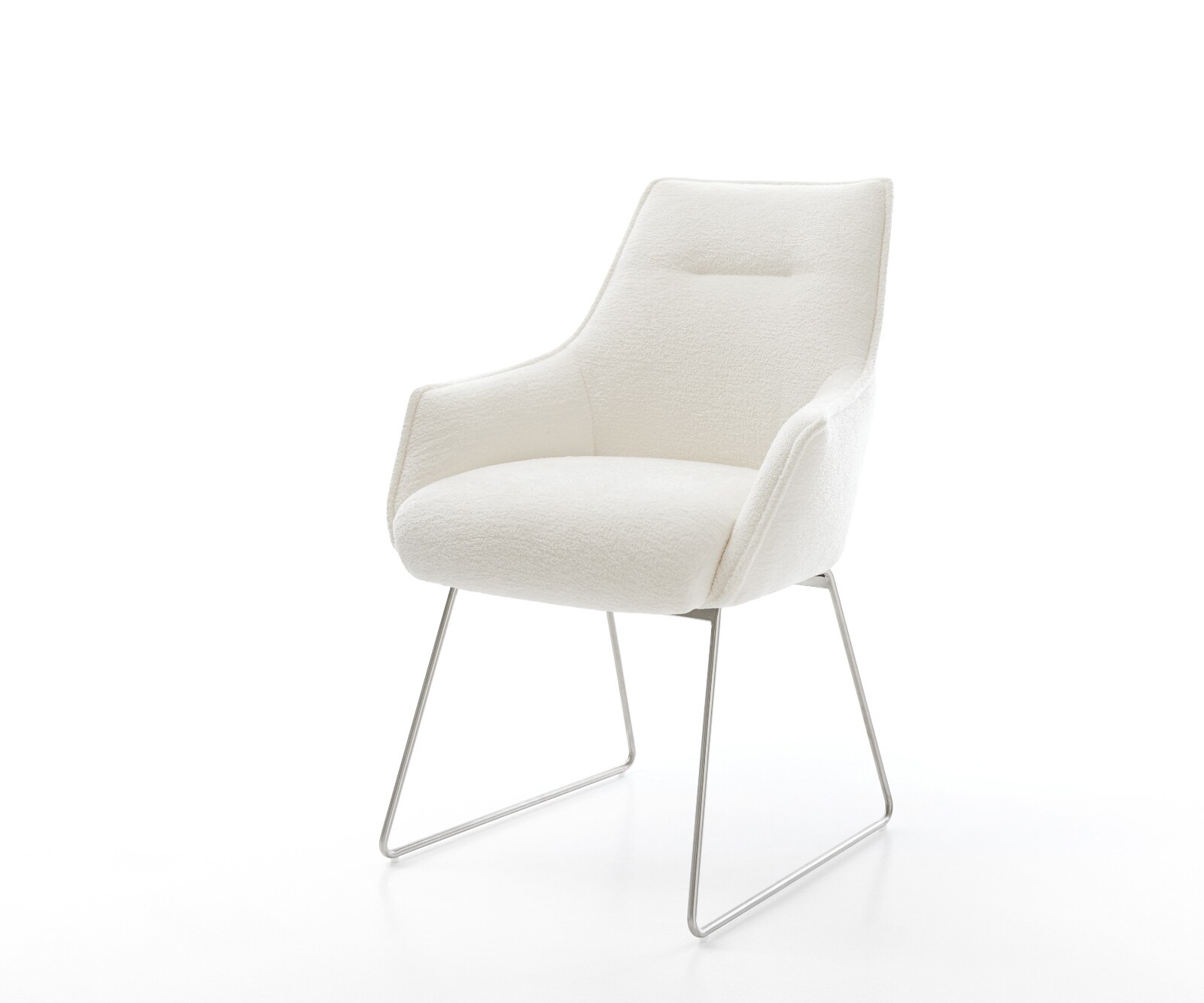 Chaise-de-salle-à-manger Alja-Flex avec accoudoirs bouclé doux beige pied trapèze acier inoxydable resorts ensachés