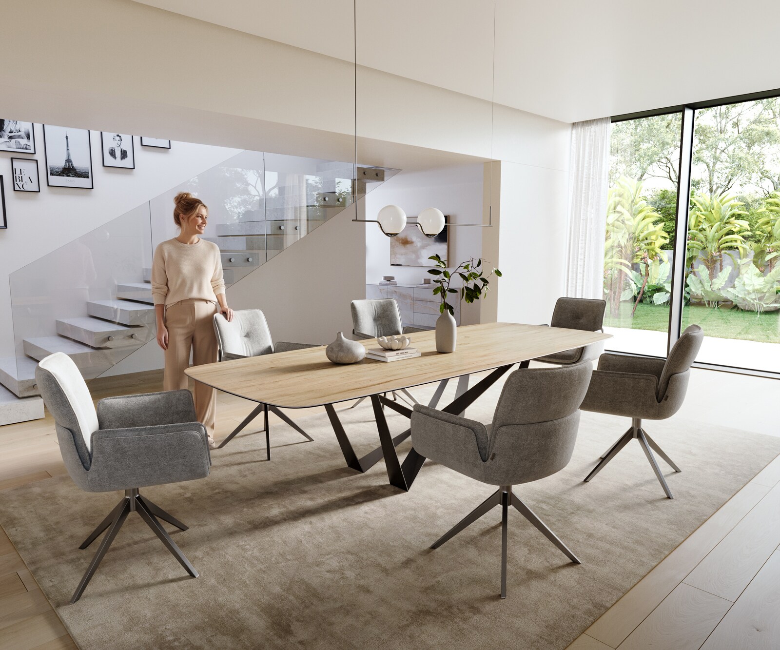 Table à manger Edge Boot 300x120 cm Céramique Laminam® Sabbia Eichefarbig Spider Flachstahl Acier inoxydable Graphite 6