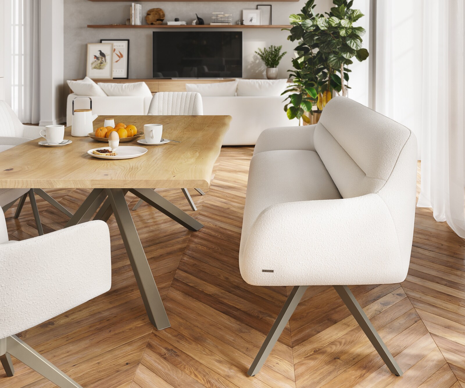 Banc-de-salle-à-manger Taya-Flex 200 cm bouclé crème-blanc pied croisé angulaire titane ressort ensaché 1