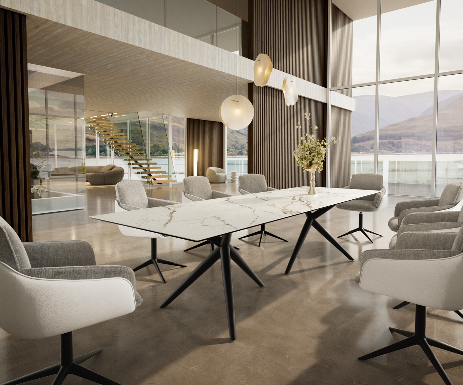 Table à manger Edge 300x100 Céramique Calacatta Luxe Blanc-Doré-Gris Estelar rond Métal Noir 5