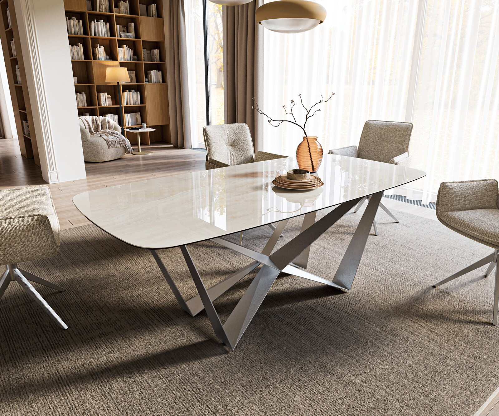 Table à manger Edge bateau 200x100 cm céramique Onyx Champagne Spider acier plat inox graphite 1