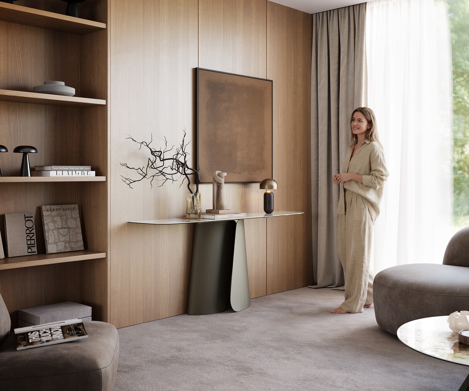 Console Edge forme bateau 180x40 cm Céramique Minas Melange Weiß-Beige Livos Métal Effektfinish Titan 7