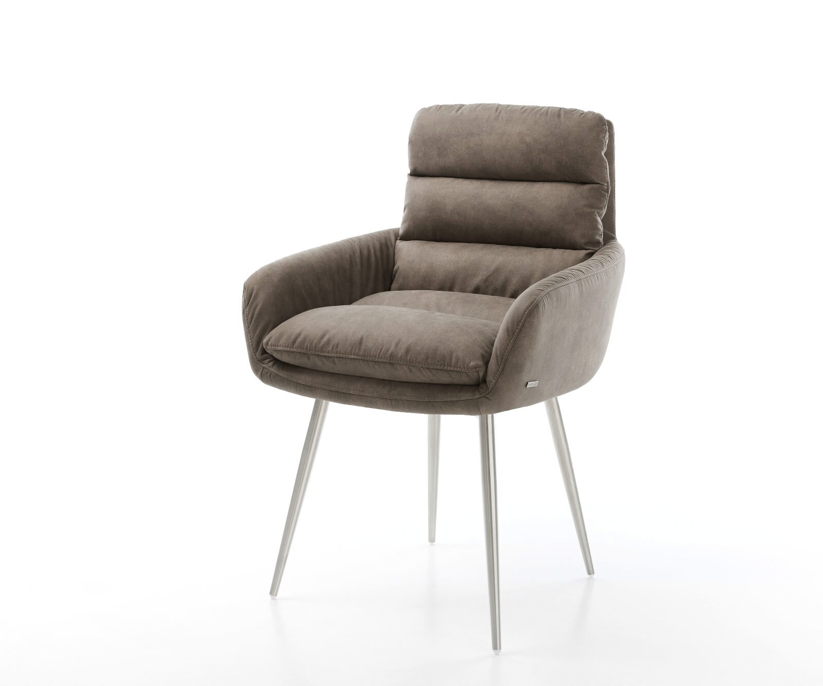 Chaise-de-salle-à-manger Abelia-Flex avec accoudoirs microvelours taupe vintage 4 pieds coniques acier inoxydable brossé 1