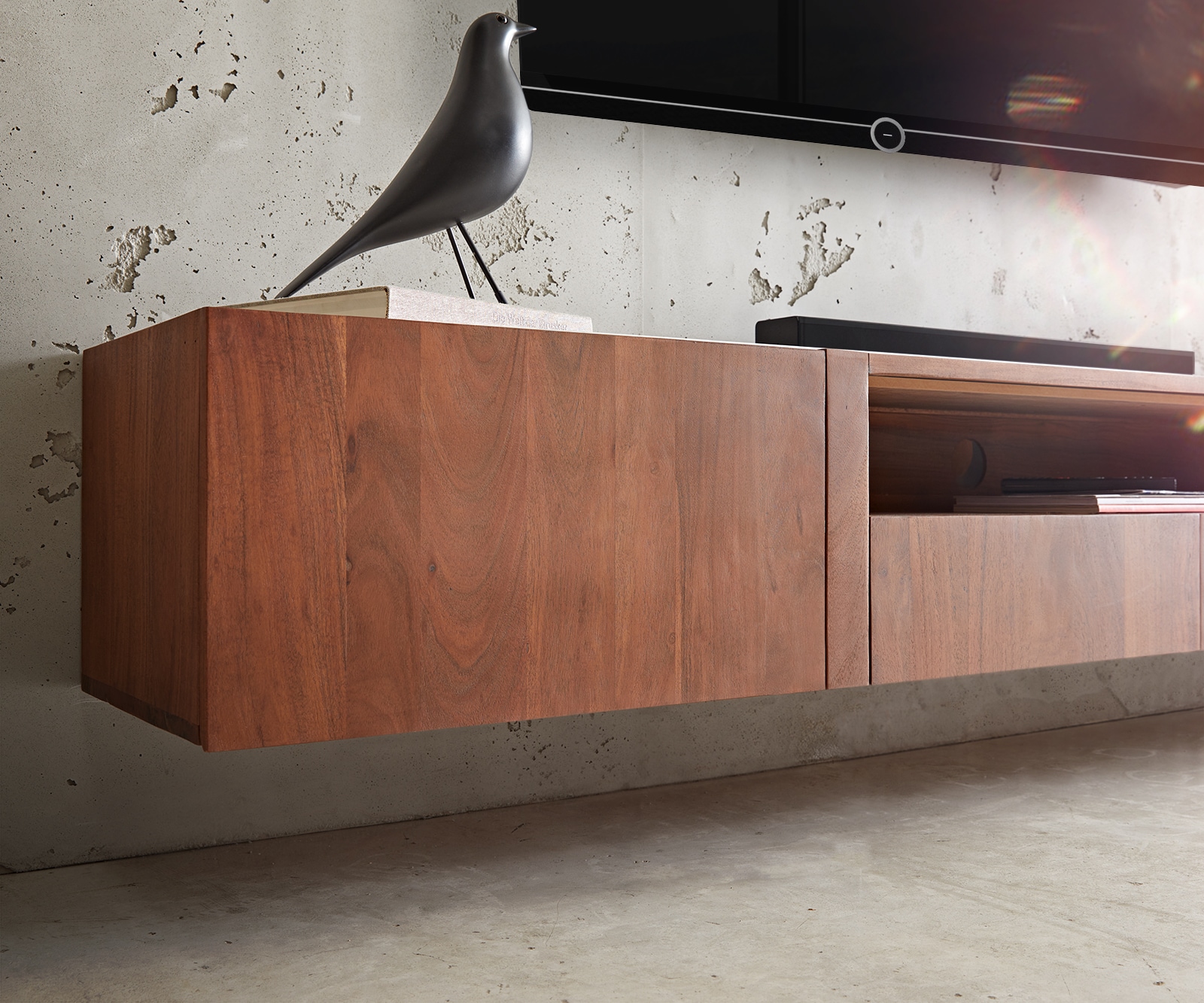 Meuble-TV Secara 220 cm acacia marron 2 portes 2 tiroirs marbre flottant 5 Meuble-TV Secara 220 cm acacia marron 2 portes 2 tiroirs marbre flottant 5