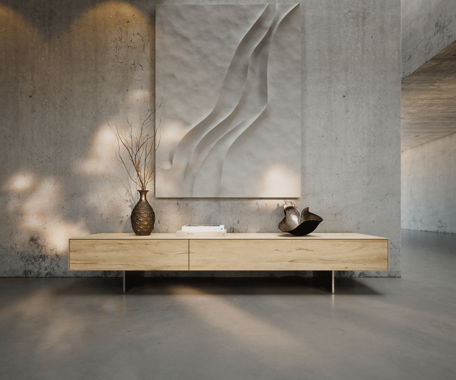 Meuble-TV Cuor 200 cm Céramique Laminam® Sabbia Teinte chêne 1 Clapet 1 Tiroir Pied optique flottant Ancier inoxydable 2 Meuble-TV Cuor 200 cm Céramique Laminam® Sabbia Teinte chêne 1 Clapet 1 Tiroir Pied optique flottant Ancier inoxydable 2