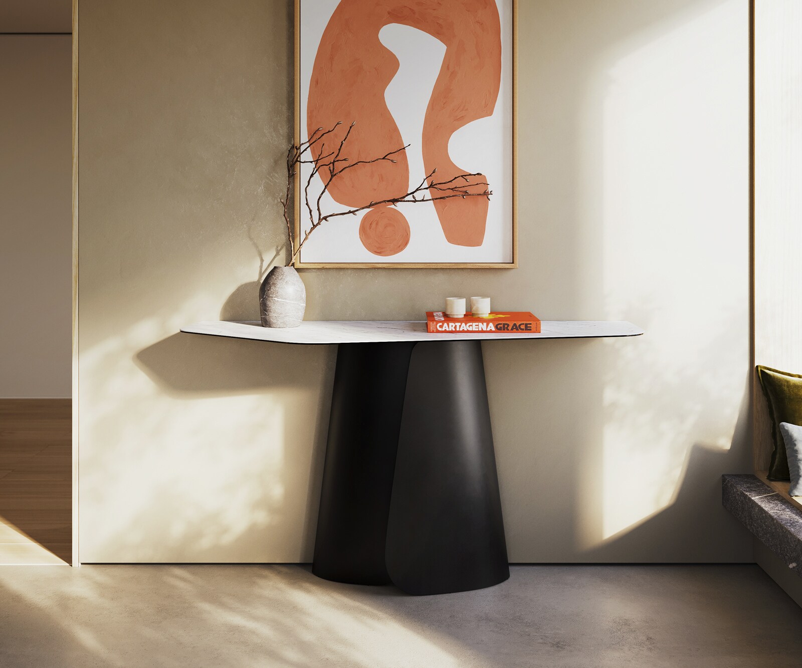 Console Edge Polygonal 140x50 cm Céramique Laminam® Statuarietto Weiß Livos Métal Noir 1