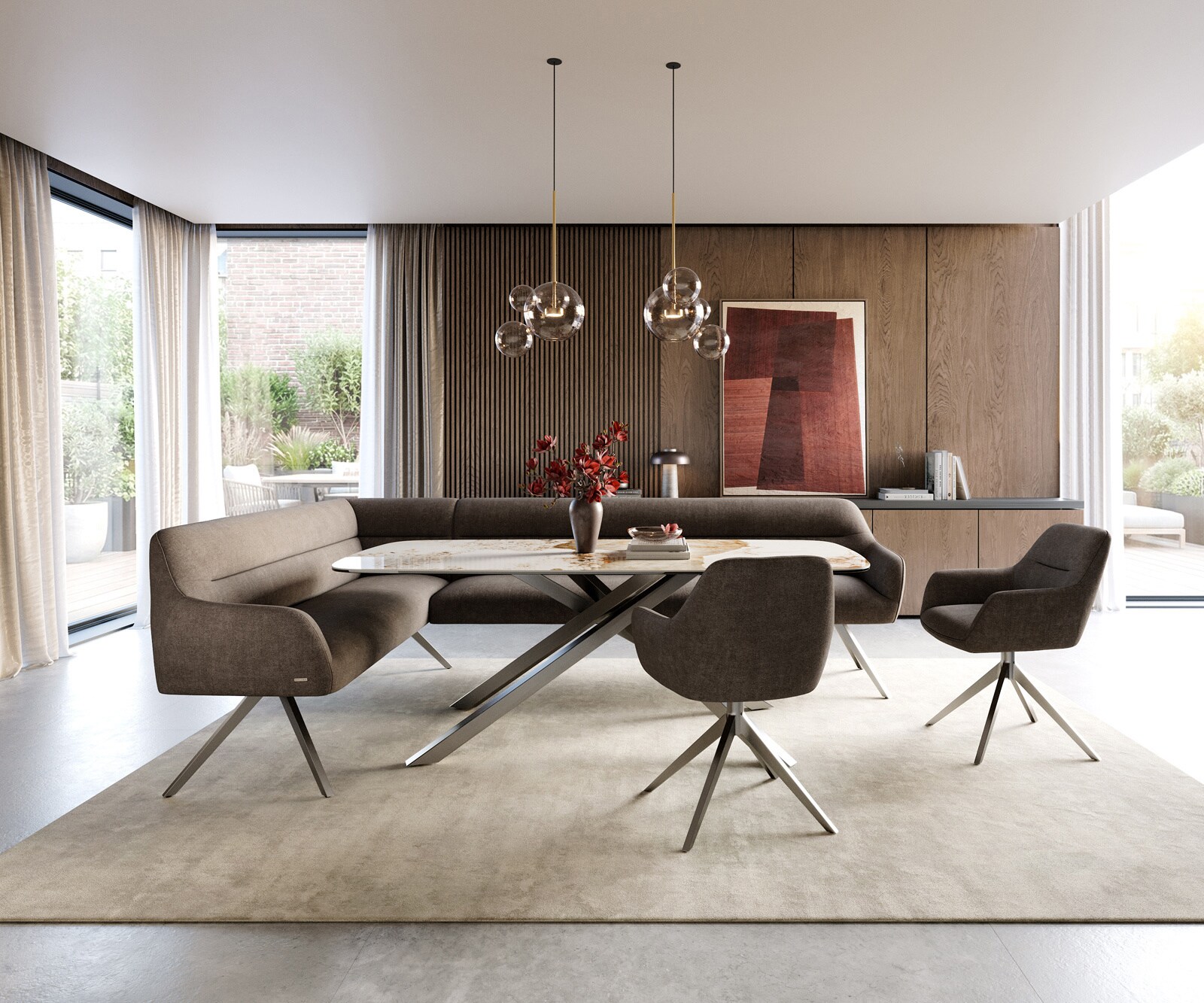 Banc-de-salle-à-manger Taya-Flex 285x190 cm tissu structuré doux taupe pied croisé angulaire acier inoxydable ressort ensaché à droite 2