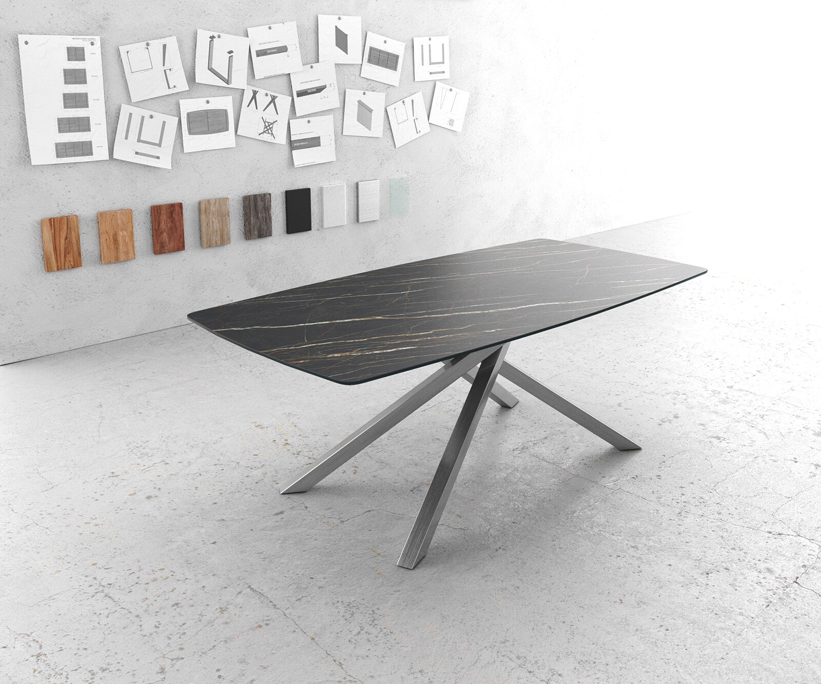 Table-à-manger Edge forme Boot 200x100cm Laminam® céramique marron pieds milieu croisé argent