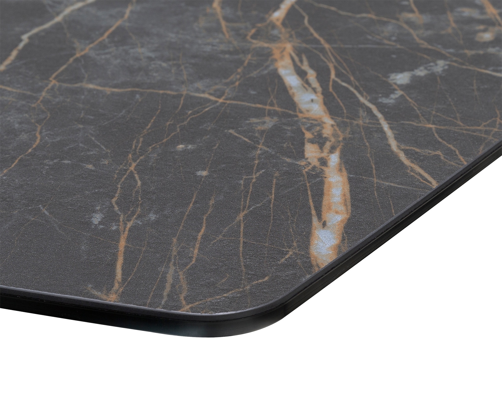 Table-à-manger Edge forme Boot 200x100cm Laminam® céramique marron pieds milieu croisé argent 3 Table-à-manger Edge forme Boot 200x100cm Laminam® céramique marron pieds milieu croisé argent 3