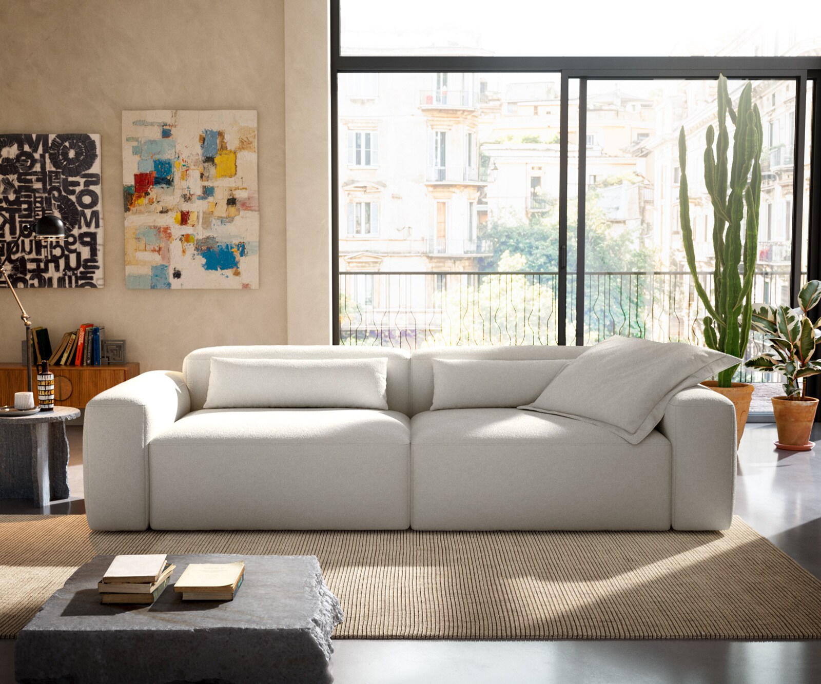 Bigsofa Freestyle 280x110 cm Bouclé Crème-blanc couture plate