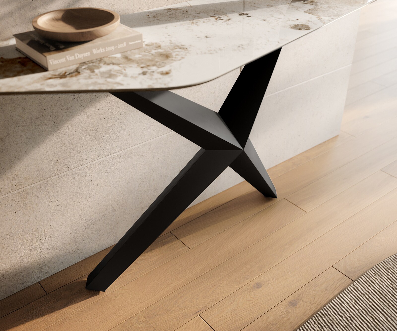 Console Edge Polygonal 140x50 cm Céramique Minas Melange Weiß-Beige Zentharo Métal Noir 5