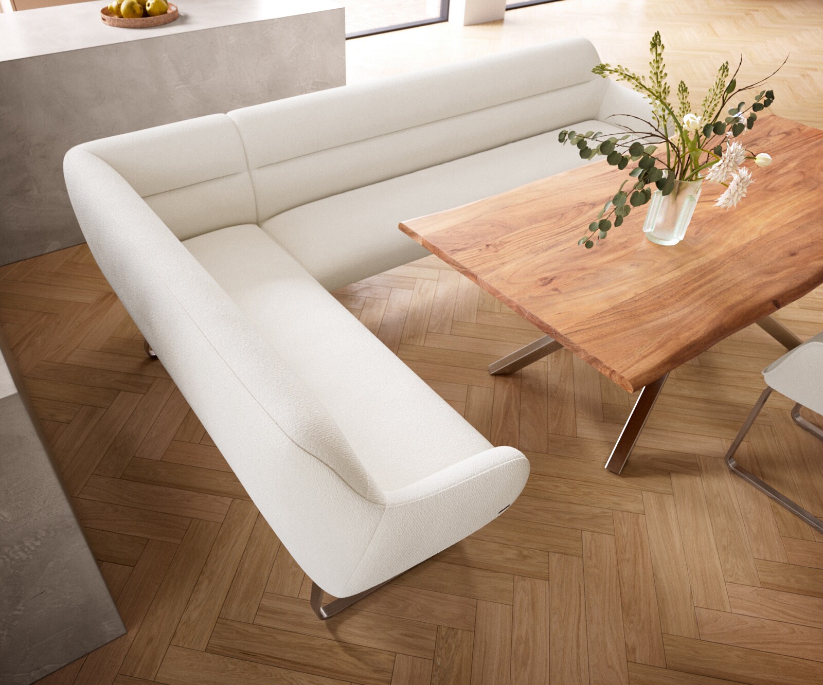 Banc-de-salle-à-manger Taya-Flex 285x190 cm bouclé crème-blanc châssis à patins plat acier inoxydable ressort ensaché à droite 4