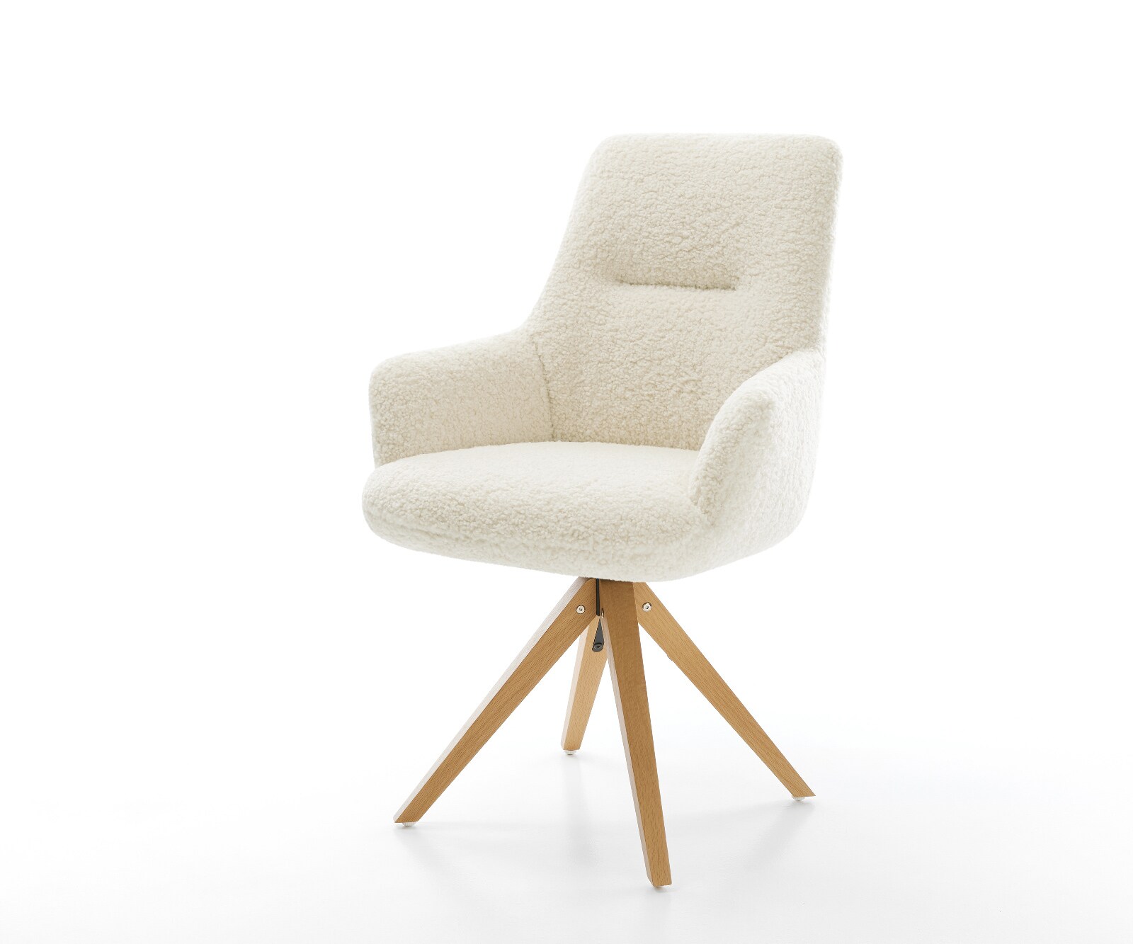 Chaise-pivotante Zelia-Flex avec accoudoirs tissu teddy beige pied en bois angulaire naturel pivotement sur 180° resorts ensachés