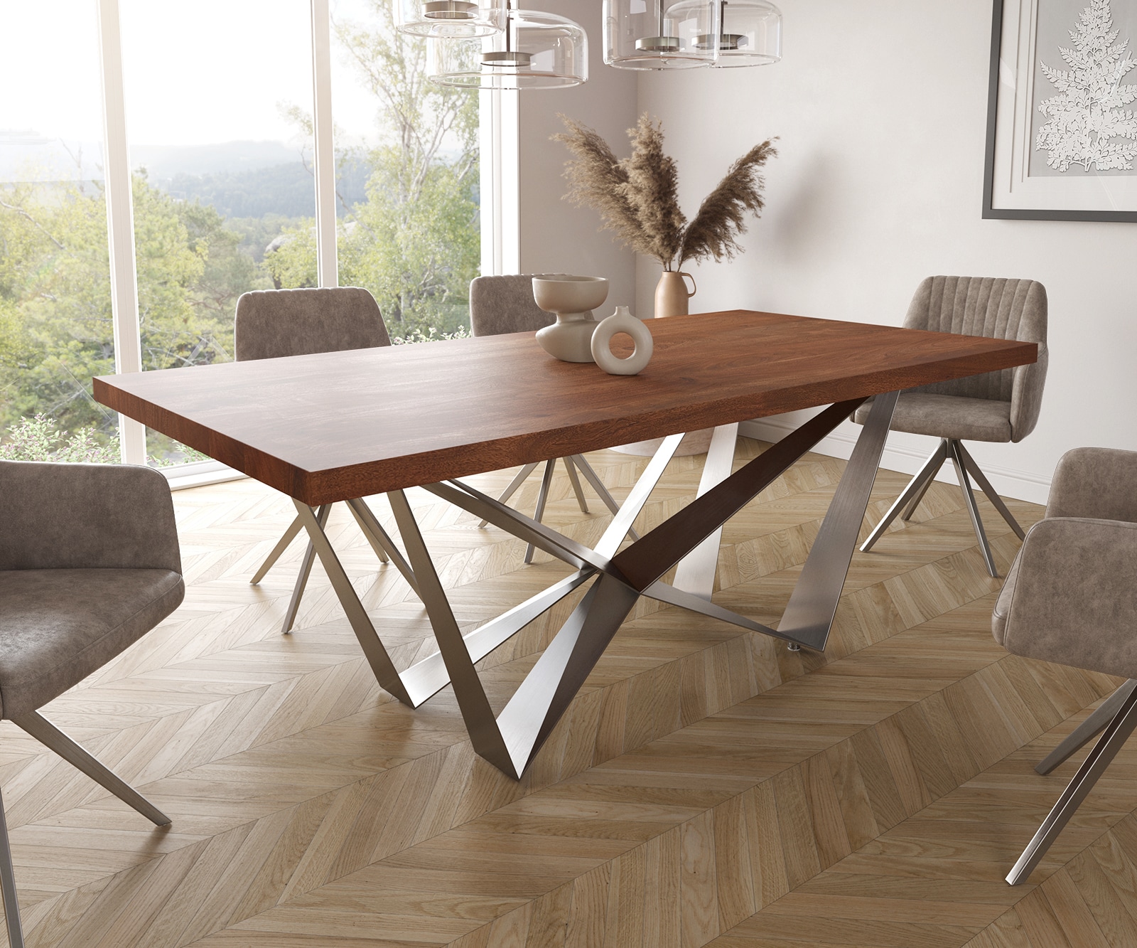 Table-à-manger Edge 200x100cm XL acacia marron pieds milieu acier plat argent