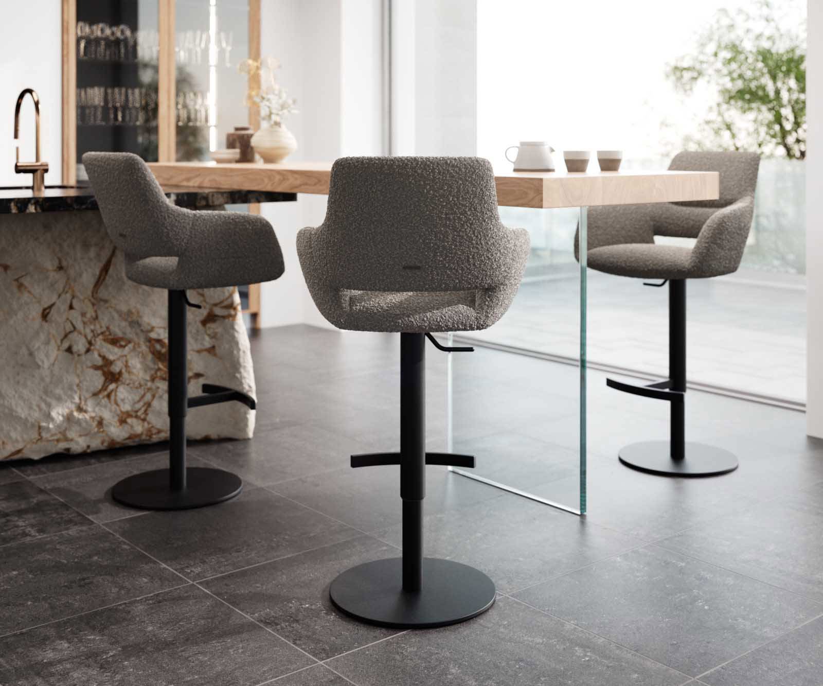Chaise-de-bar Yago-Flex Bouclé gris argenté Pied pivotant réglable en hauteur Métal noir pivotant Ressorts ensachés 3