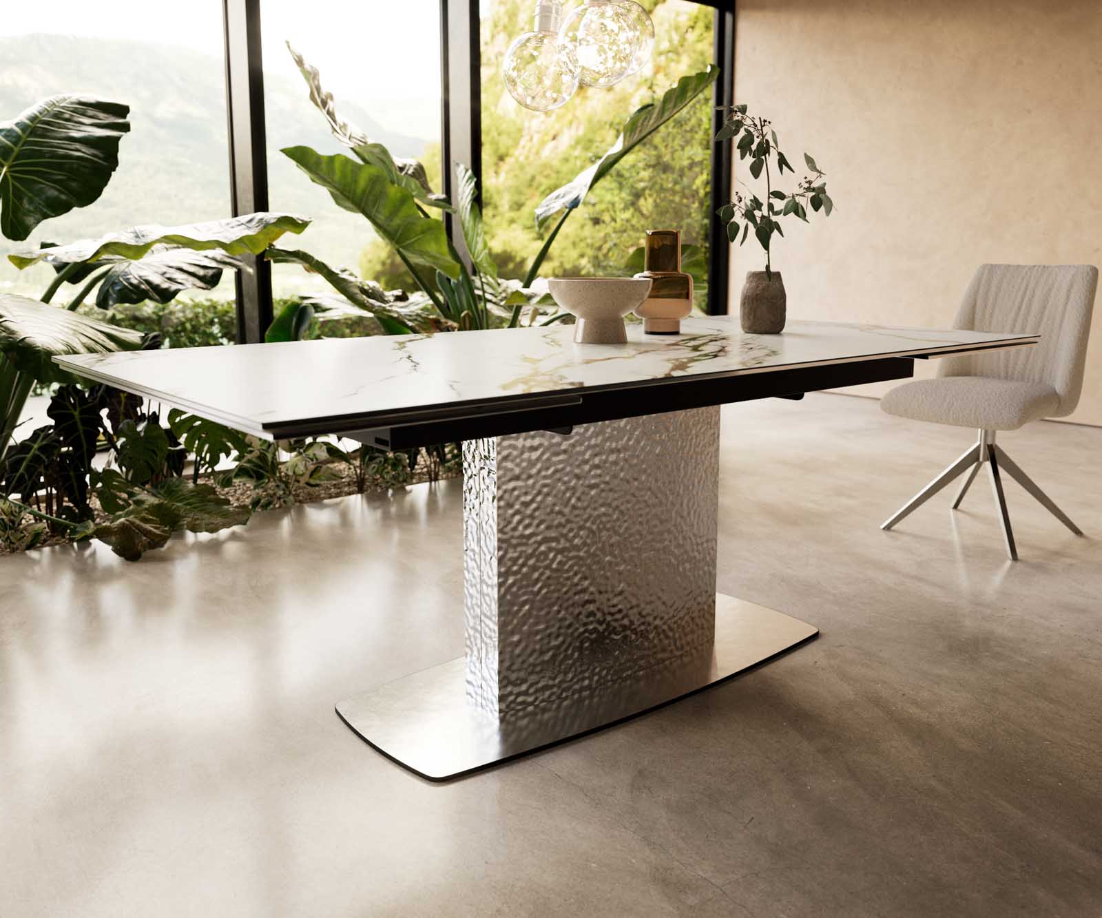 Table à manger Edge 200-300x100 céramique Calacatta Luxe blanc-doré-gris Wave acier inoxydable extensible 6